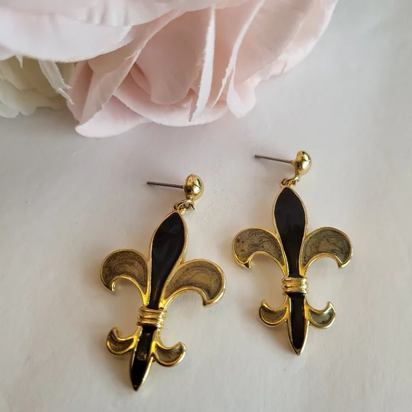 Fleur De Lis Drop Earrings Black Gold Enamel Mardi Gras Saints Fan Jewelry 2" - Picture 3 of 11